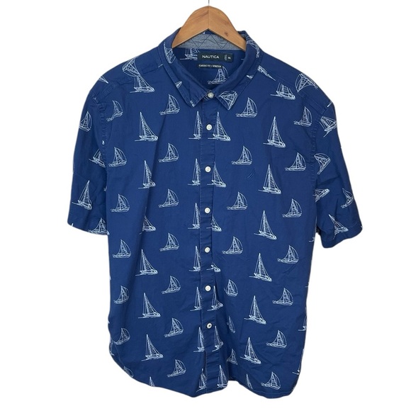 BF1001 Men’s Nautica Classic Fit Stretch Sailboat Beach Button Down Shirt XXL - Picture 1 of 4